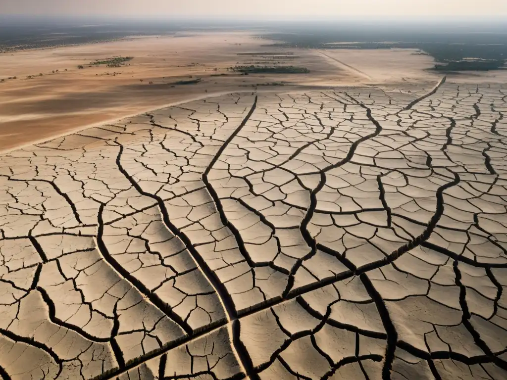 Vista aérea de tierra agrietada por la sequía, un pueblo apenas visible y cultivos marchitos