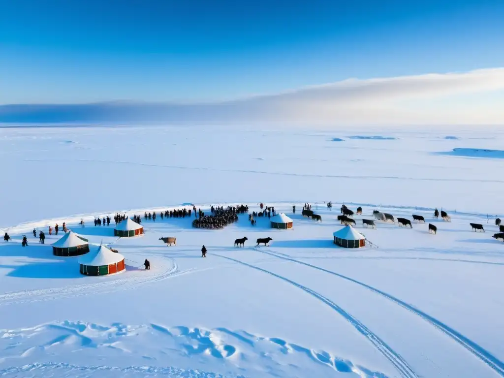 Vista aérea de la tundra siberiana con pastores Nenets y sus yurtas, reflejando la vida y los desafíos legales por la explotación petrolera en Rusia