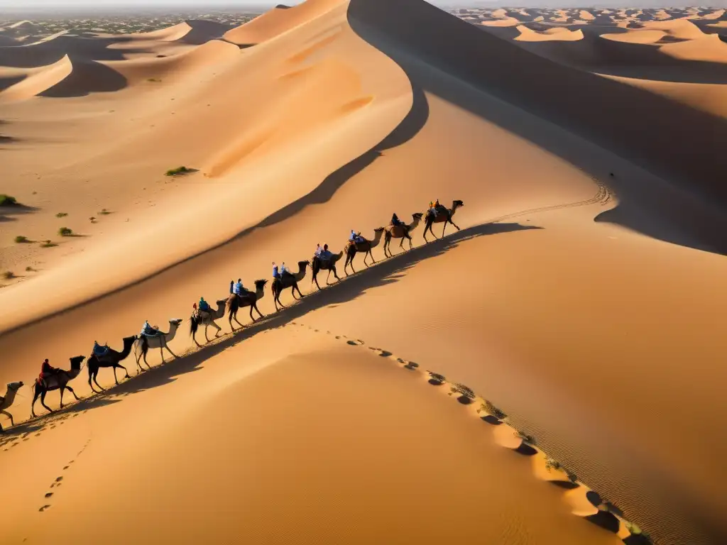 Vista aérea de un vasto desierto con tribus nómadas y camellos, preservación de derechos tierras tradicionales