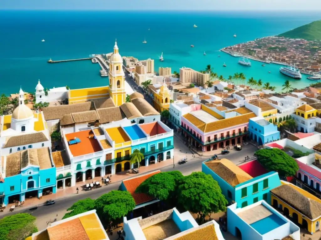 Vista aérea de la vibrante ciudad de Cartagena, Colombia, con sus calles coloridas y edificios históricos