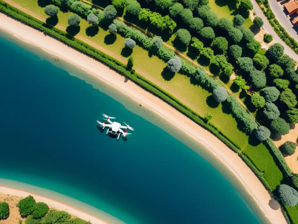 Tranquilidad vigilada: drones y derechos humanos Vista aérea de zona civil tranquila con drone sutil, evocando impacto de drones en derechos humanos
