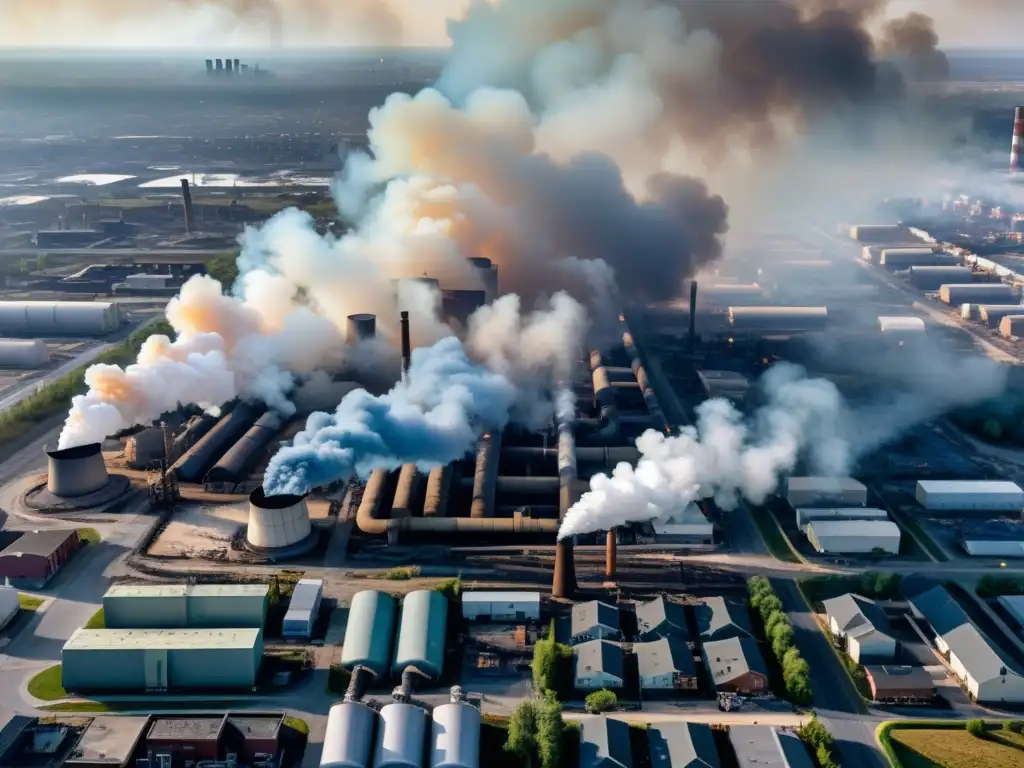 Contaminación industrial: impacto en la salud pública Vista aérea de una zona industrial con humo denso saliendo de las chimeneas, proyectando sombra sobre vecindarios