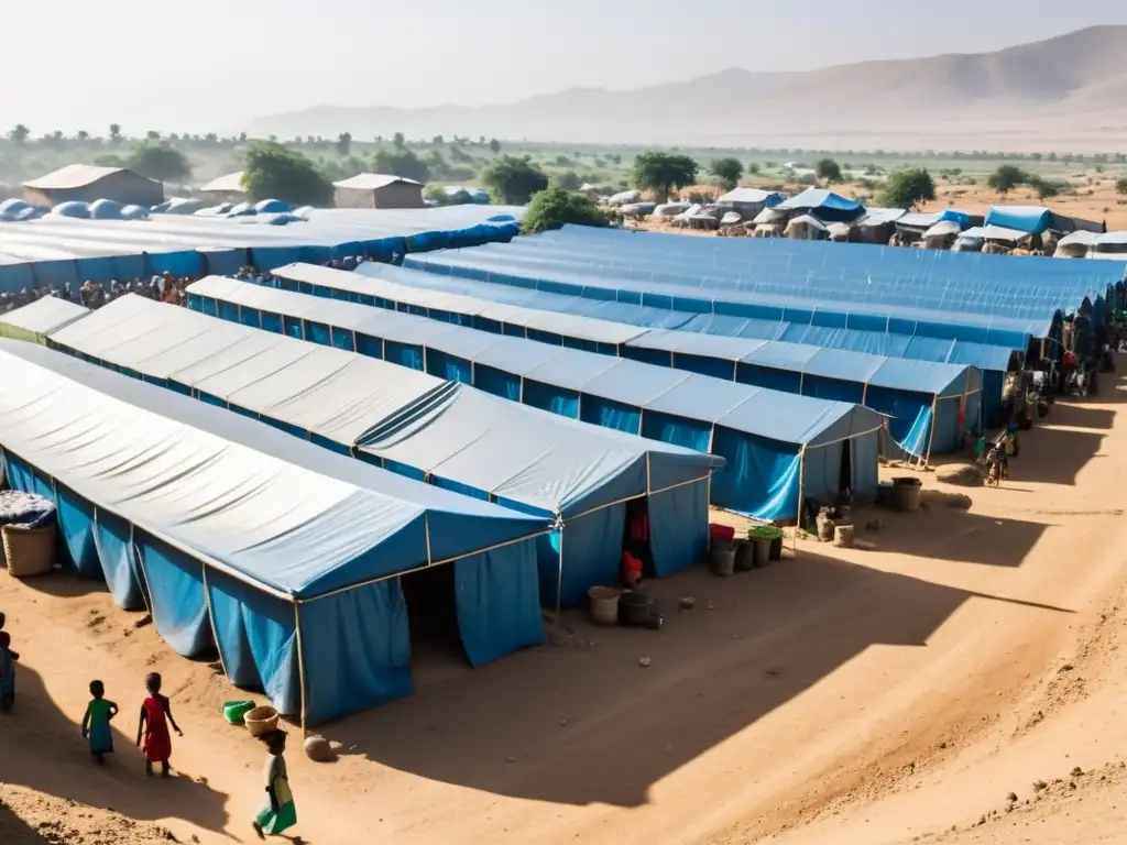 Vista de un asentamiento provisional para refugiados en un paisaje polvoriento, con refugios improvisados y la vida diaria de sus habitantes