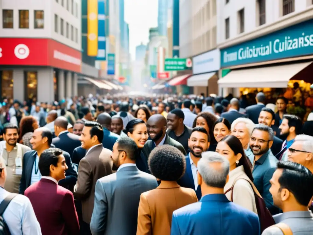 Vista de una bulliciosa calle urbana con diversidad cultural, mostrando el impacto de la globalización en los derechos humanos y la diversidad social