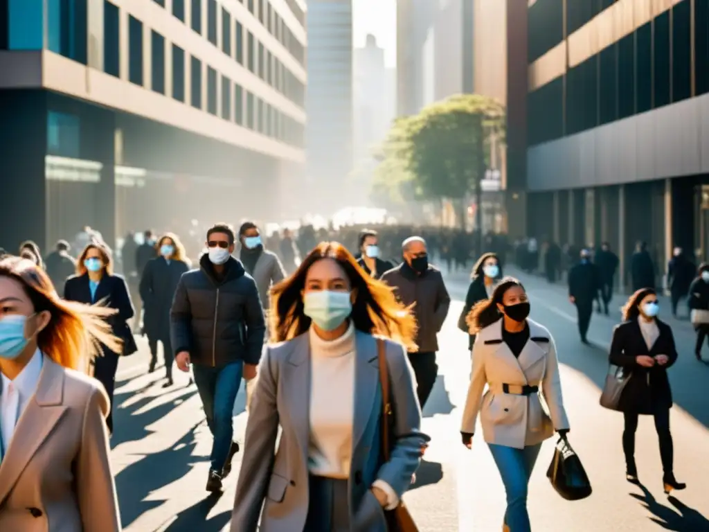 Vista de calle concurrida de una ciudad, gente con mascarillas, edificios altos, sombras largas