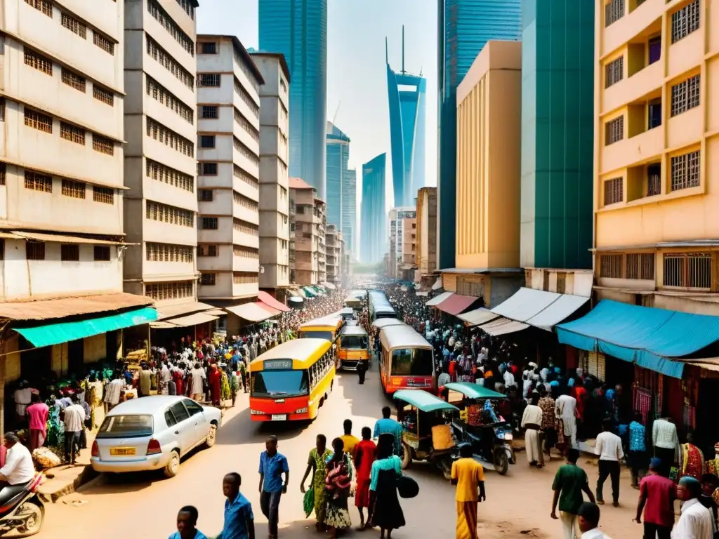 Vista de una calle urbana en un país en desarrollo, mostrando el impacto complejo de la globalización en los derechos humanos y el desarrollo social