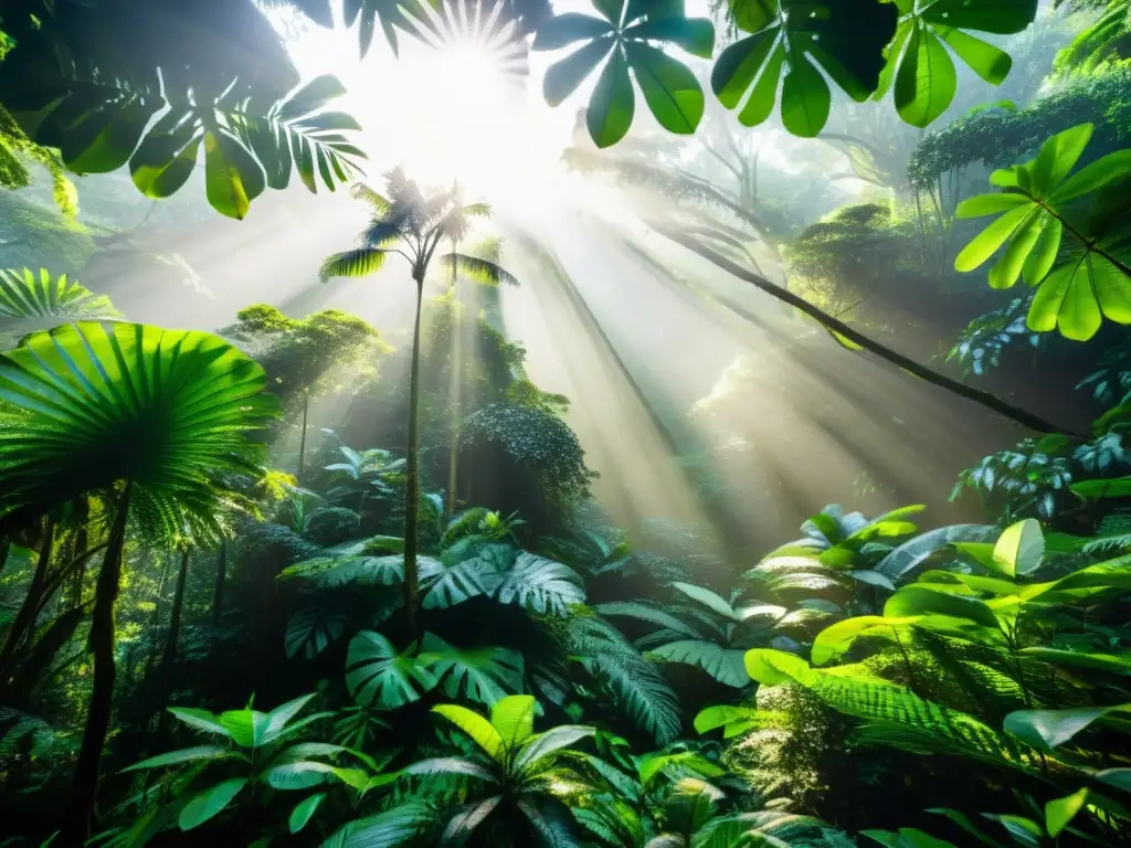 Vista cercana de un exuberante dosel de selva tropical, con aves y monos entre la frondosa vegetación