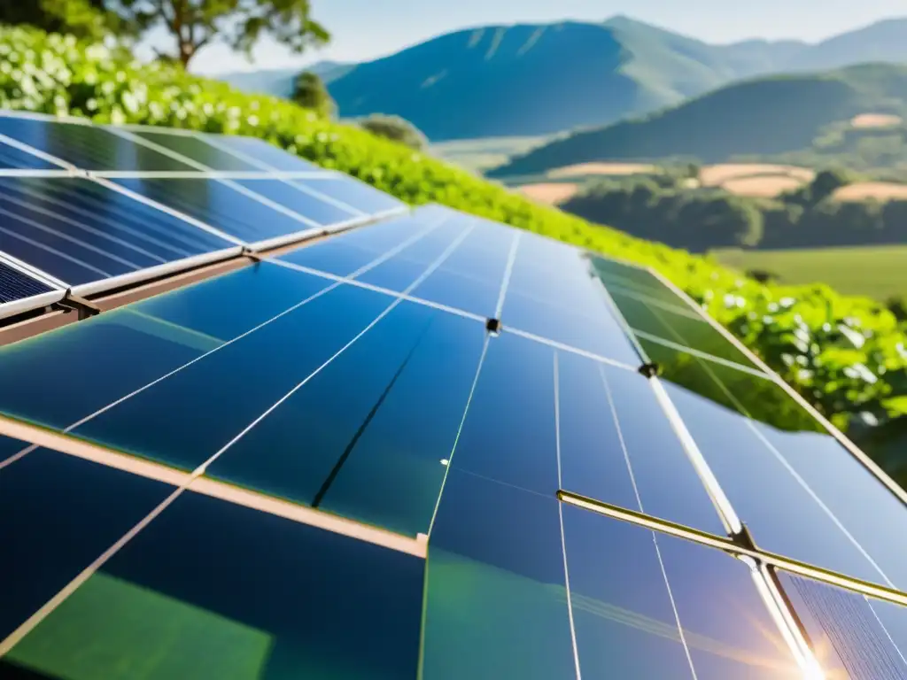 Vista cercana de relucientes paneles solares en un paisaje verde, simbolizando innovaciones tecnológicas cambio climático derechos humanos