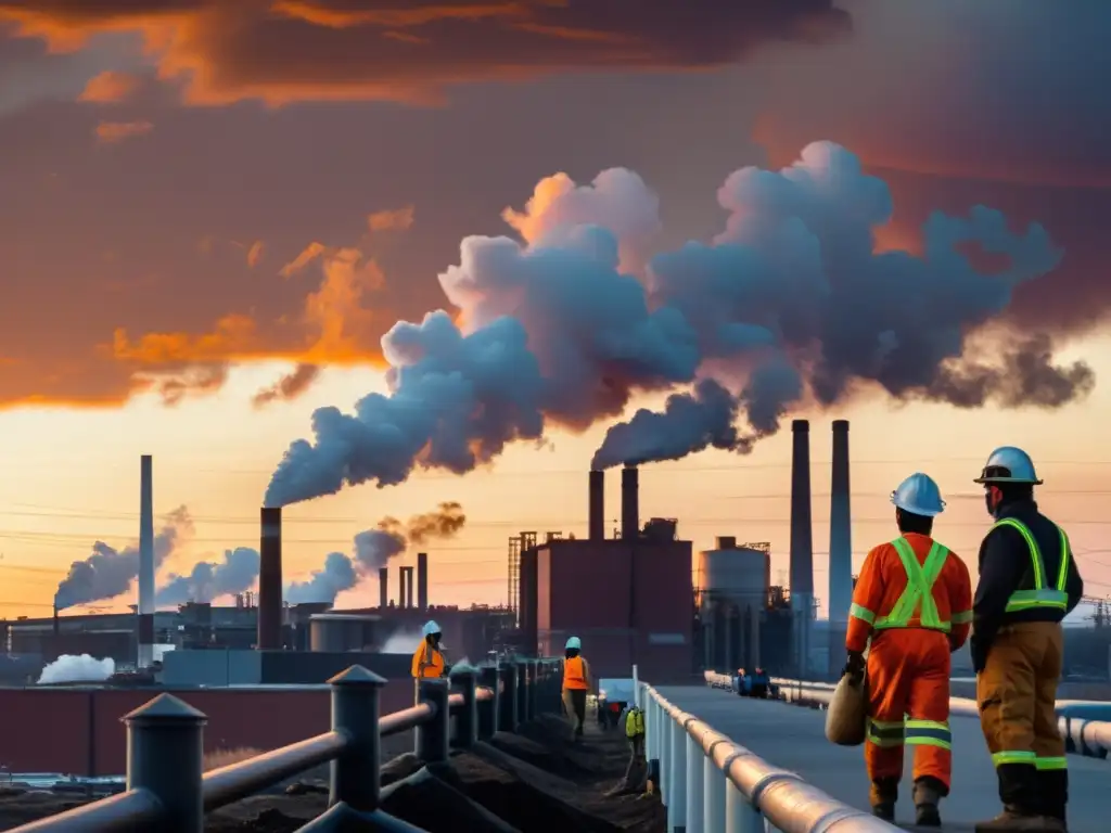 Contraste impactante: Industria y contaminación en la ciudad al atardecer Vista de una ciudad industrial con humo tóxico y trabajadores en equipo, destacando el impacto del libre comercio en los derechos laborales