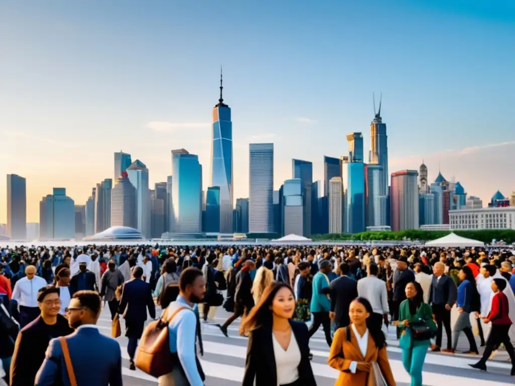 Vista de la ciudad llena de vida y diversidad, reflejo del equilibrio desarrollo sostenible derechos humanos en la globalización