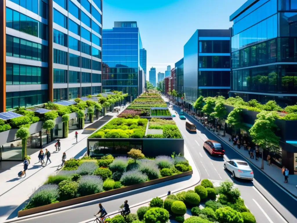 Vista de la ciudad sostenible con ciclistas, autobuses eléctricos y energía solar, uniendo la vida urbana con la naturaleza