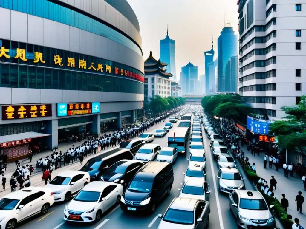 Vista de una concurrida calle de China con cámaras de vigilancia en cada esquina, entre arquitectura tradicional y rascacielos modernos