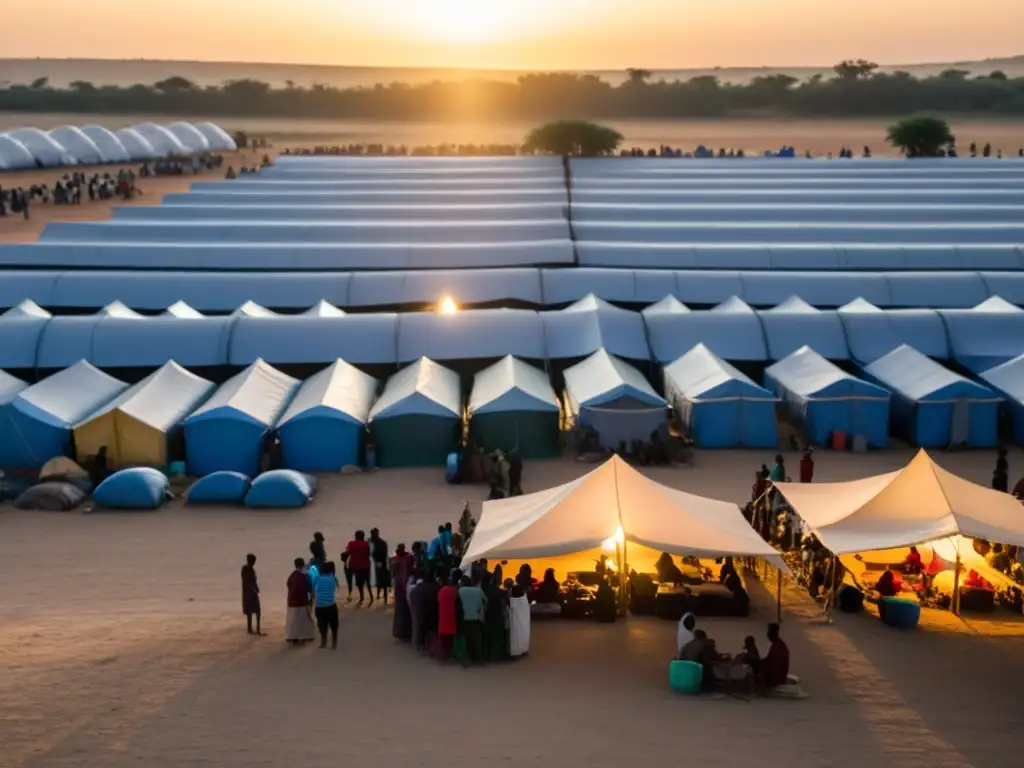 Una vista conmovedora de un campamento de refugiados al atardecer, transmitiendo la lucha y la resiliencia en crisis humanitarias