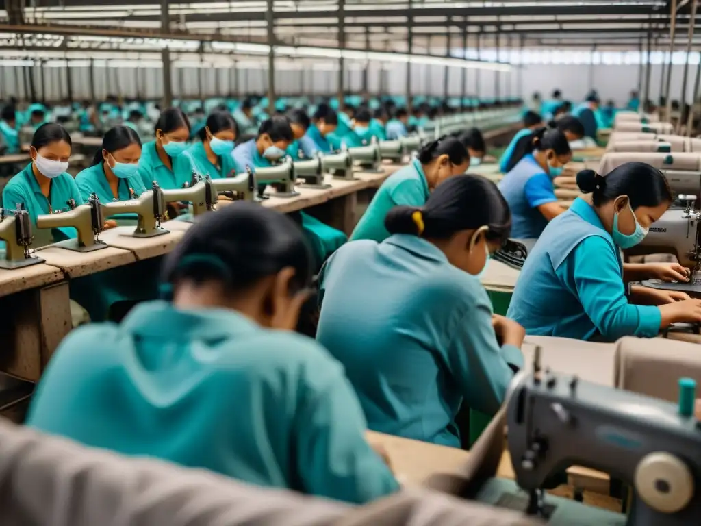 'Vista detallada de una fábrica oscura y opresiva con trabajadores explotados en filas, transmitiendo la realidad de la explotación laboral siglo XXI