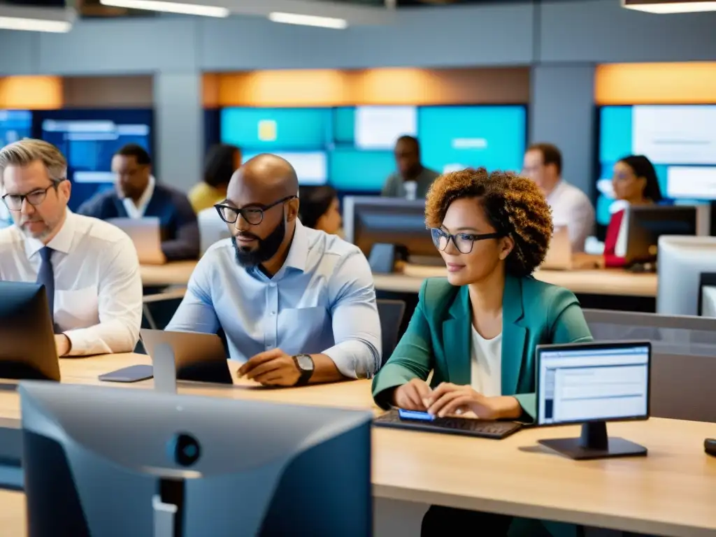 Vista dinámica de trabajadores en un espacio digital, representando la redefinición de derechos laborales en la era digital