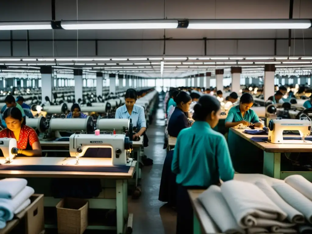 Vista de una fábrica textil abarrotada y sombría, con trabajadores cansados rodeados de telas y carretes de hilo