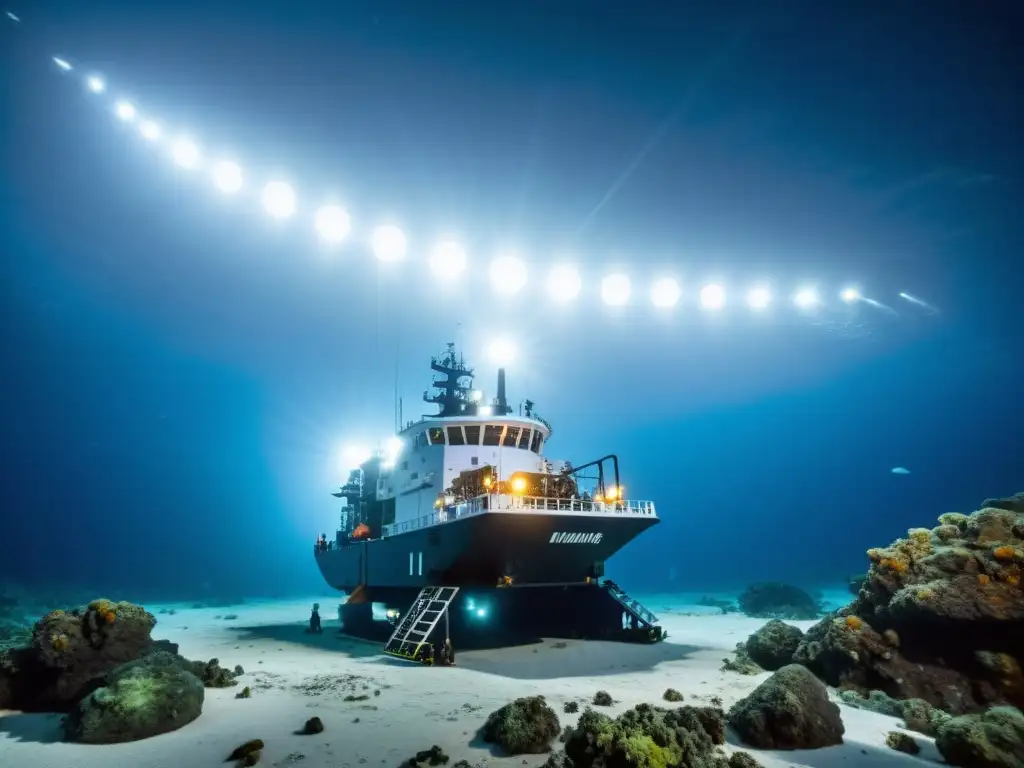 Vista impactante de la minería submarina y derechos humanos en el oscuro lecho marino, con vida marina variada y ecosistemas vibrantes
