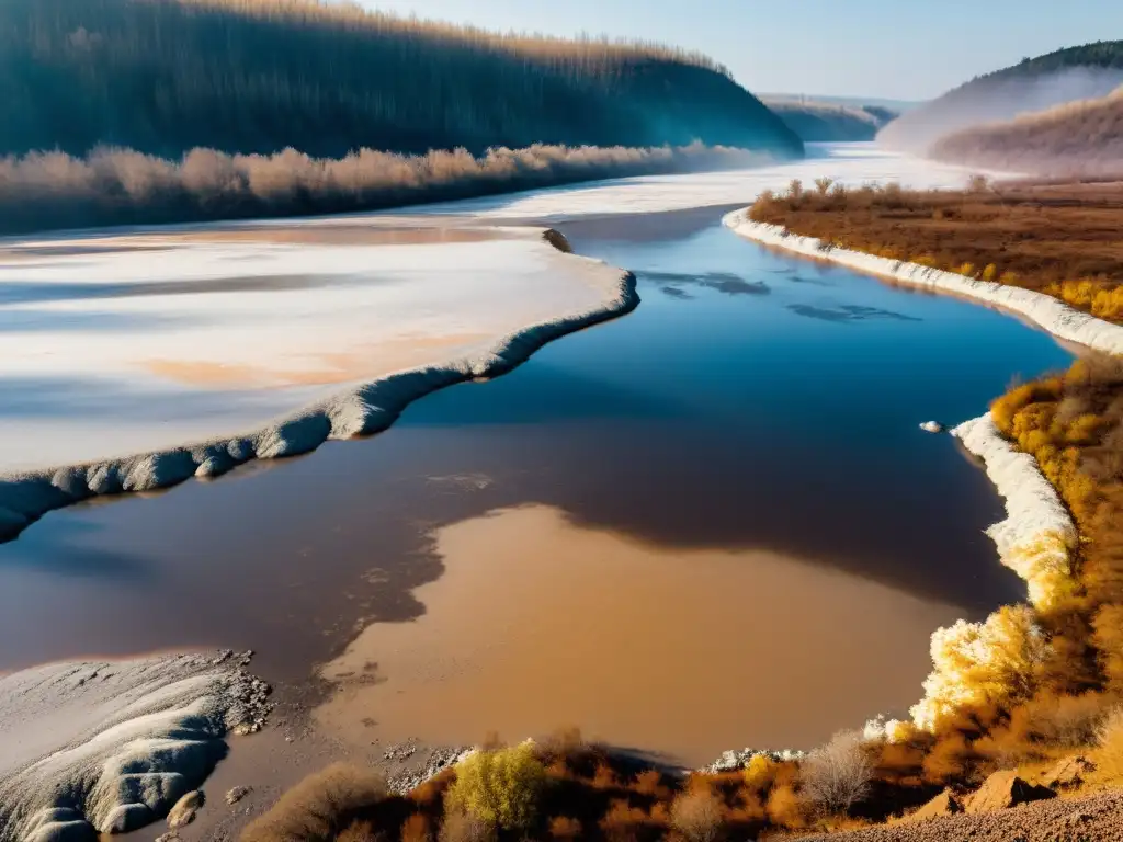 Vista impactante de un río contaminado por desechos mineros, con agua turbia y espuma, reflejando la contaminación minera en comunidades globales