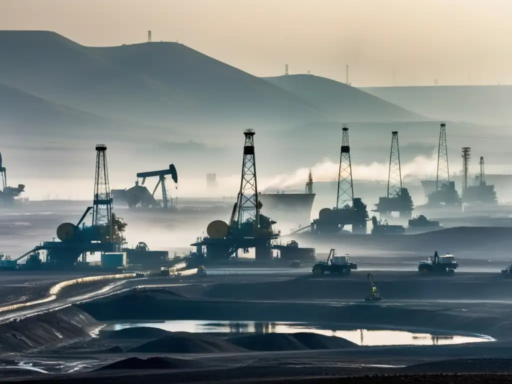 Vista impactante de sitio de extracción petrolera con consecuencias ambientales evidentes y trabajadores en acción