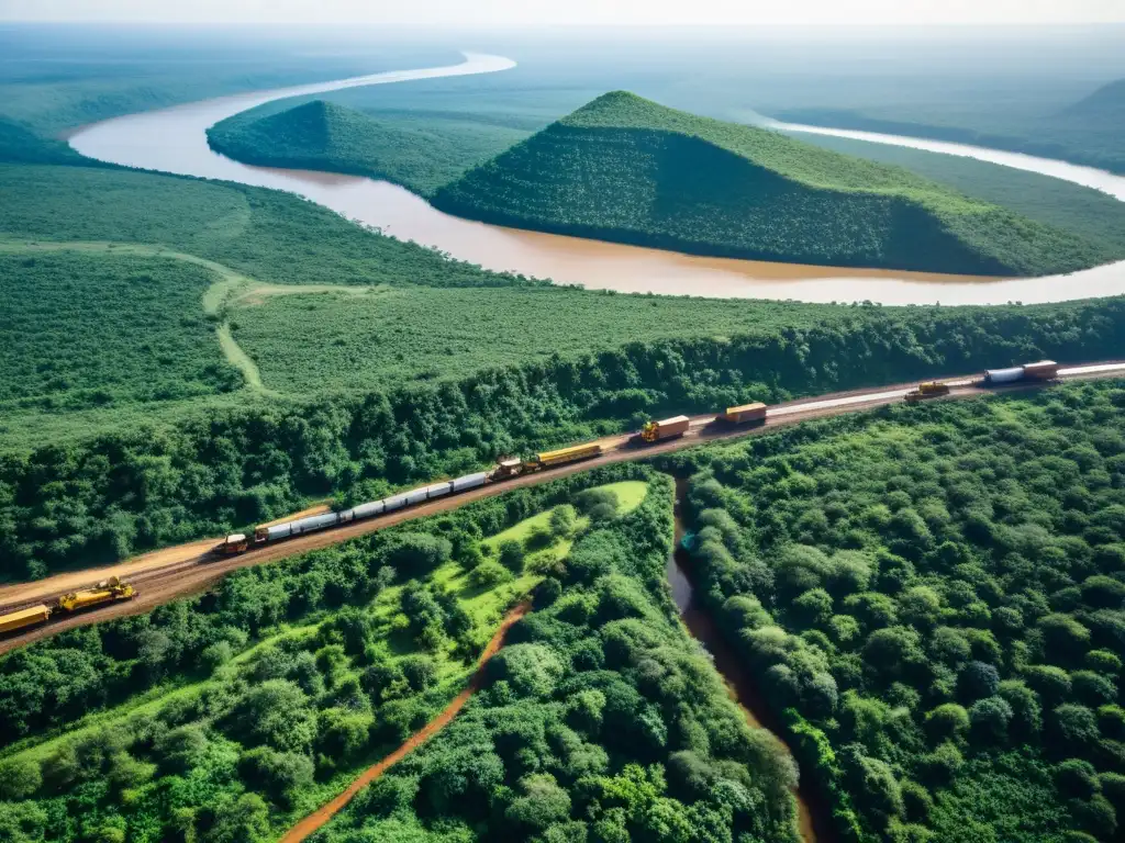 Vista del impacto del Arco Minero del Orinoco: maquinaria pesada en un paisaje exuberante junto al río Orinoco