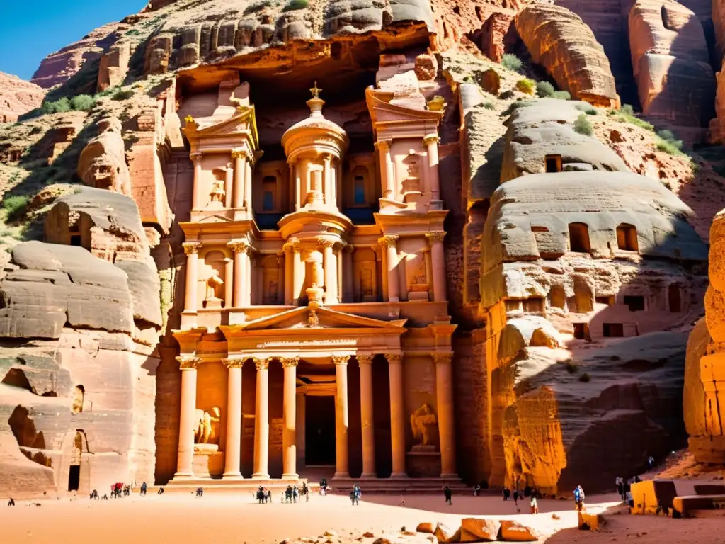 Una vista impresionante de la antigua ciudad de Petra, con el icónico Tesoro bañado en luz dorada