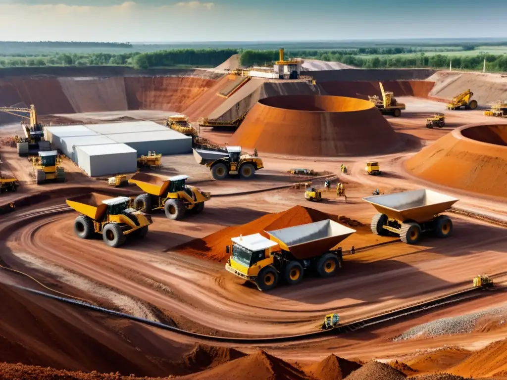 Vista impresionante de una mina de cobre activa con trabajadores y maquinaria pesada, reflejando el desarrollo económico y derechos humanos