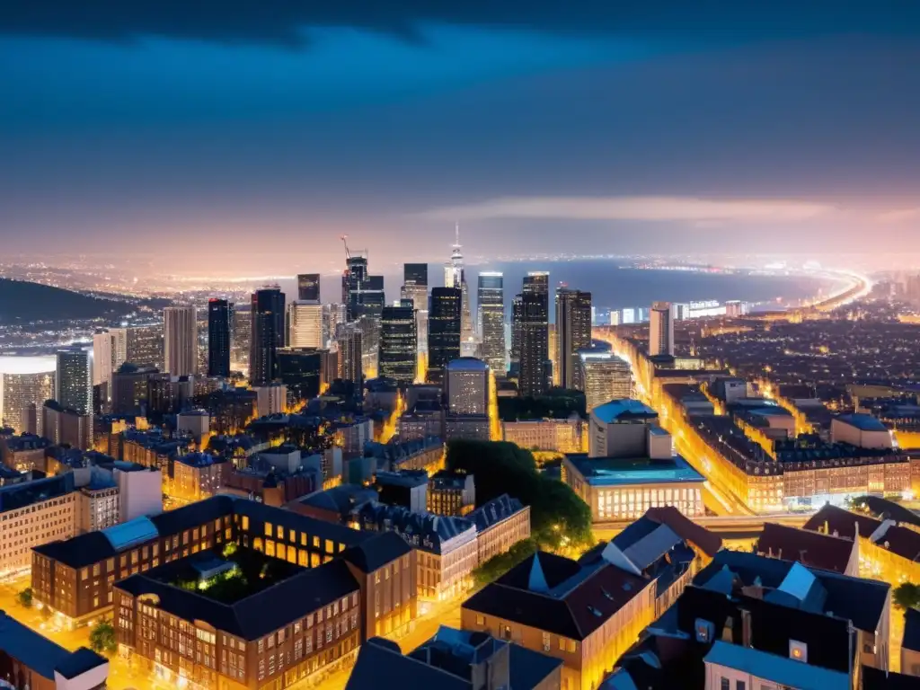 Vista nocturna de la ciudad desde las alturas, con luces vibrantes