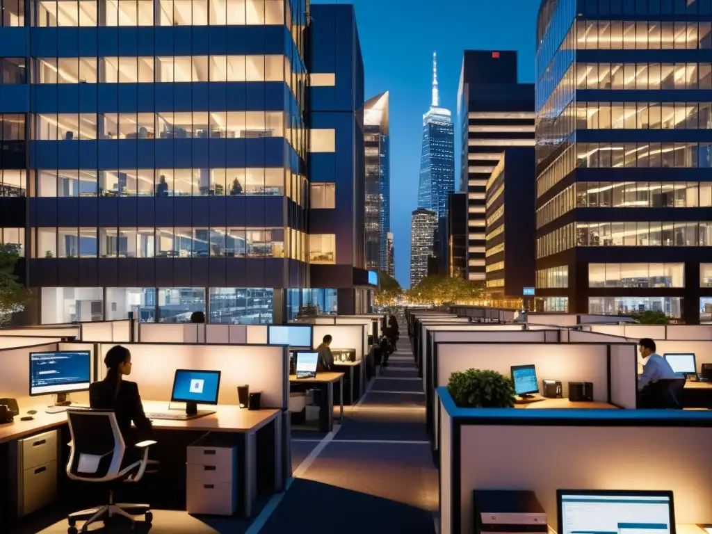 Vista nocturna de una ciudad bulliciosa con oficinas iluminadas y ventanas mostrando teletrabajo