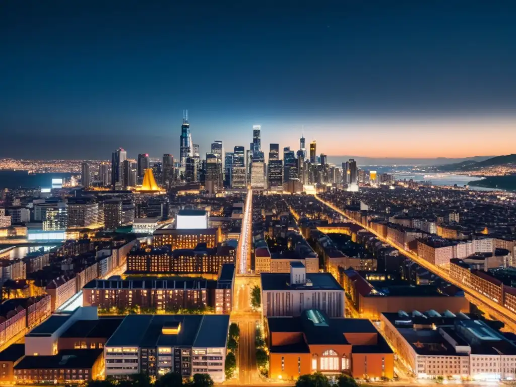 Vista nocturna de la ciudad con contaminación lumínica y derechos humanos