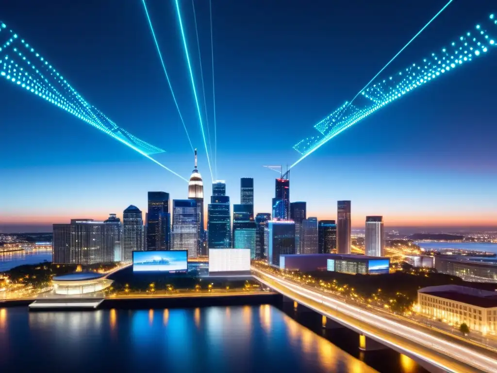 Vista nocturna de la ciudad con edificios gubernamentales iluminados y tecnología de vigilancia