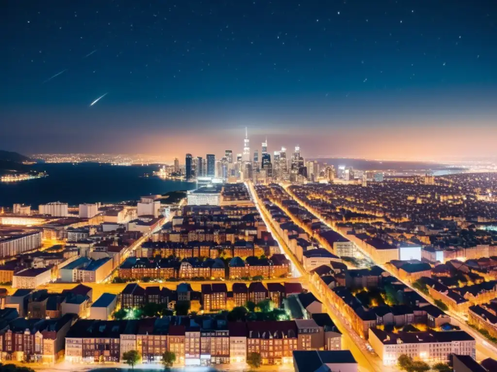 Vista nocturna de ciudad iluminada con contaminación lumínica y derechos humanos