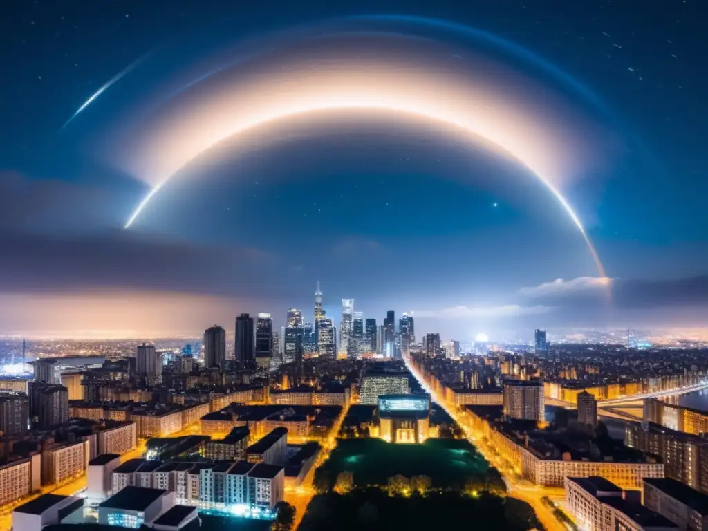 Vista nocturna de una ciudad iluminada con rascacielos brillantes contrastando con el cielo oscuro estrellado