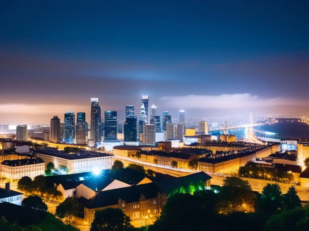 Vista nocturna de la ciudad con luces brillantes, transmitiendo una atmósfera de vigilancia tecnológica y reflexión sobre derechos humanos