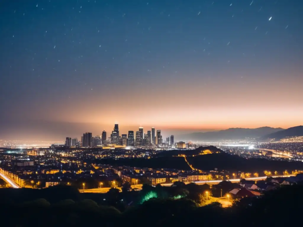 Vista nocturna de la ciudad con luces brillantes que iluminan el cielo, resaltando la contaminación lumínica y derechos humanos