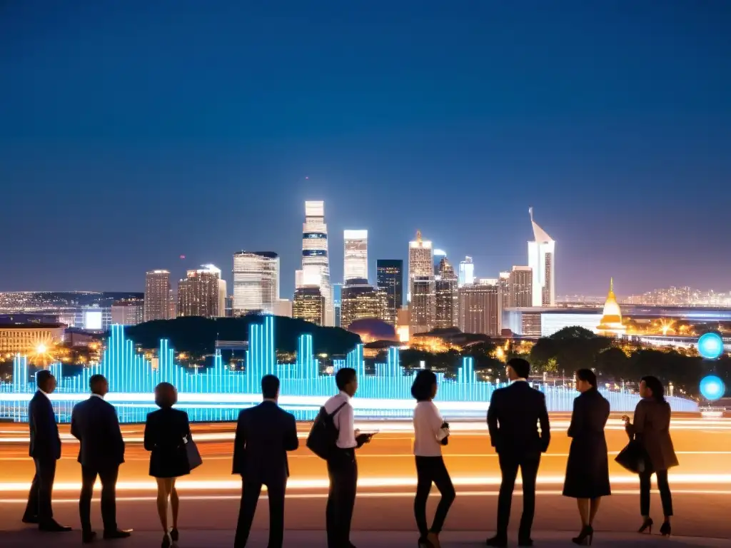 Vista nocturna de la ciudad con vigilancia gubernamental tecnológica y la pérdida de privacidad en la era digital