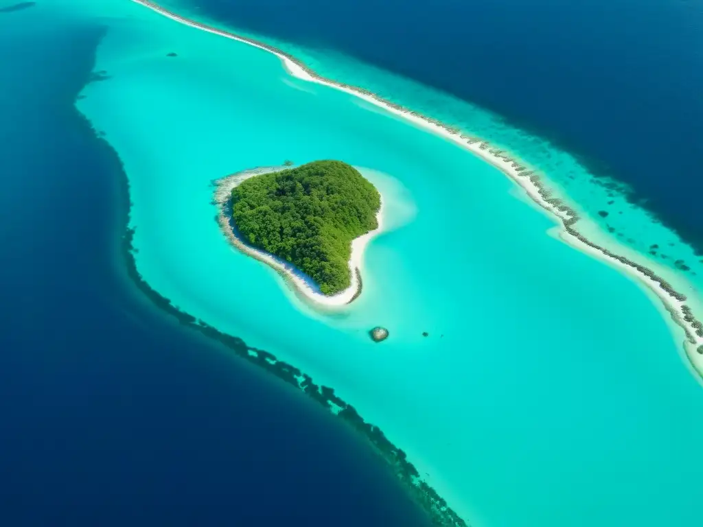 A vista de pájaro de una pequeña nación insular rodeada de aguas turquesas muestra los efectos del aumento del nivel del mar con erosión costera y tierras sumergidas