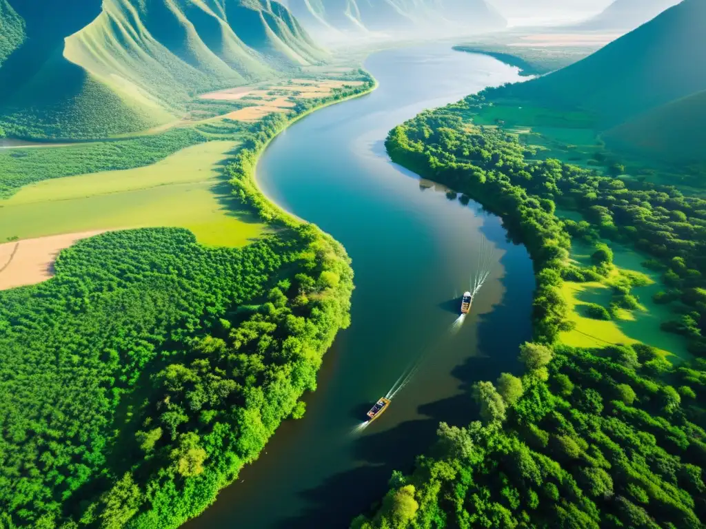 A vista de pájaro de un río serpenteando entre un paisaje verde exuberante, con pequeñas embarcaciones y pescadores dispersos en sus orillas