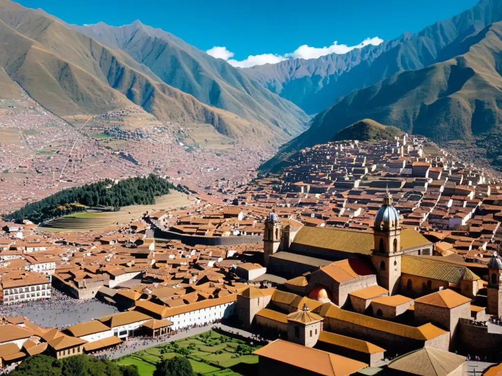 Vista panorámica de Cuzco, Perú, con la fusión de arquitectura colonial e inca, mercado vibrante y montañas andinas