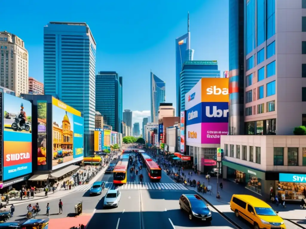 Vista panorámica de una bulliciosa calle de la ciudad, mostrando la diversidad y vitalidad urbana de ciudades globales y derechos humanos