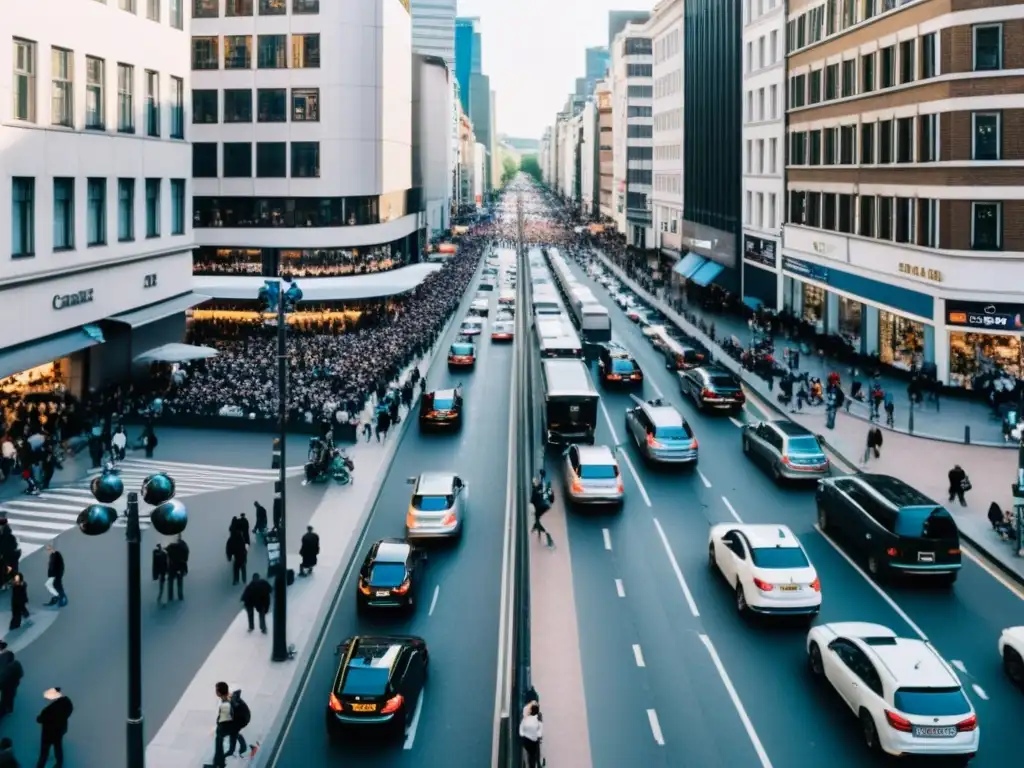 Vista panorámica de una bulliciosa calle de la ciudad con personas y cámaras de vigilancia