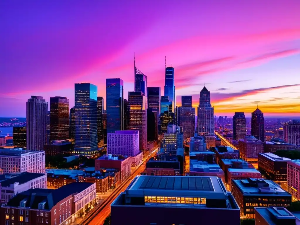 Vista panorámica de una bulliciosa ciudad al atardecer, con rascacielos iluminados por la cálida luz de las farolas y ventanas de oficinas