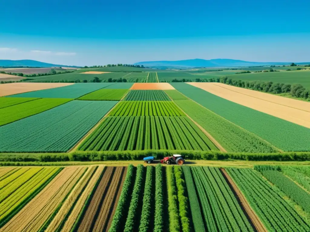 Vista panorámica de campos agrícolas verdes con agricultores trabajando