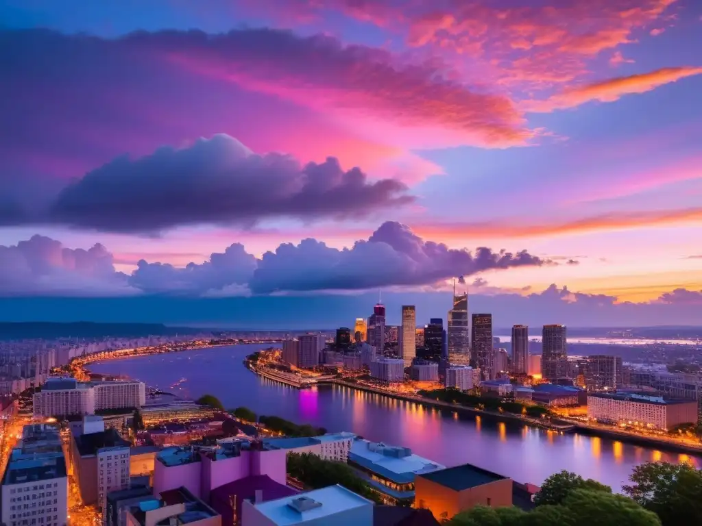 Vista panorámica de la ciudad al atardecer, reflejo de luces en el río