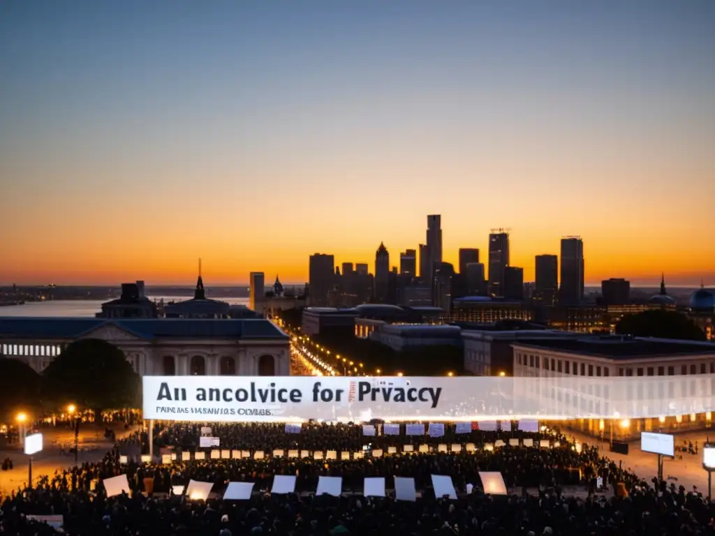 Vista panorámica de la ciudad al atardecer con una protesta pacífica en primer plano y cámaras de vigilancia en segundo plano