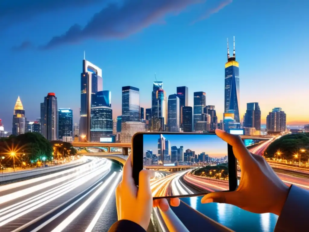 Vista panorámica de la ciudad al atardecer, con rascacielos iluminados y autopistas llenas de luces de coches