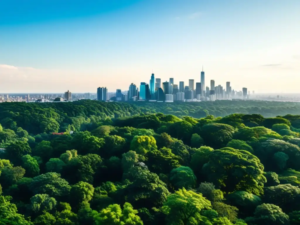 Vista panorámica de una ciudad bulliciosa junto a un bosque vibrante, resaltando el contraste entre desarrollo urbano y naturaleza