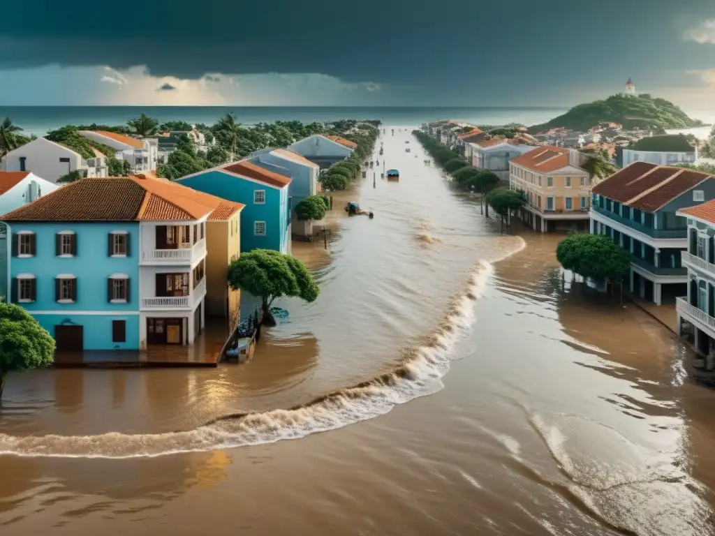 Vista panorámica de una ciudad costera con calles inundadas, edificios dañados y evacuación, mostrando el impacto del cambio climático en las comunidades locales