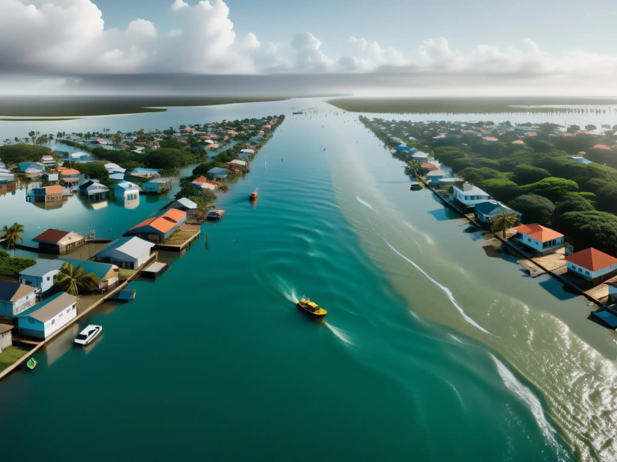 Vista panorámica de ciudad costera inundada por el cambio climático, desafío derechos civiles