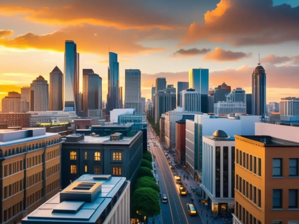 Vista panorámica de una ciudad vibrante, con rascacielos modernos y arquitectura histórica que simboliza la evolución del teletrabajo