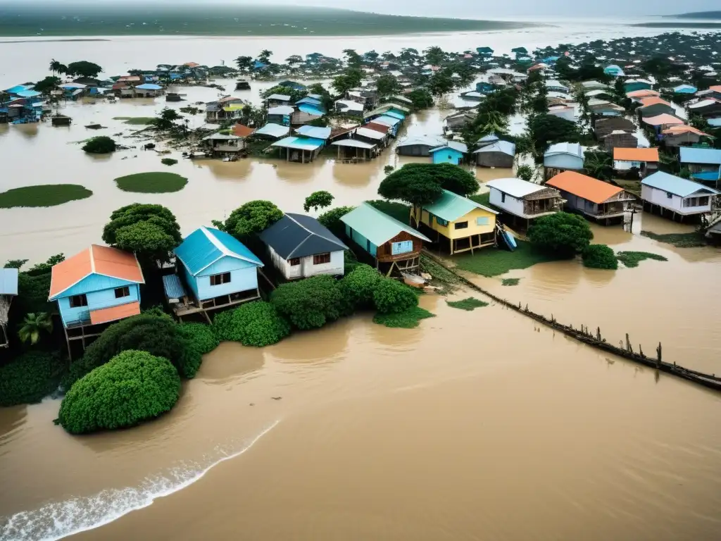 Vista panorámica de una comunidad costera devastada por el cambio climático y derechos humanos